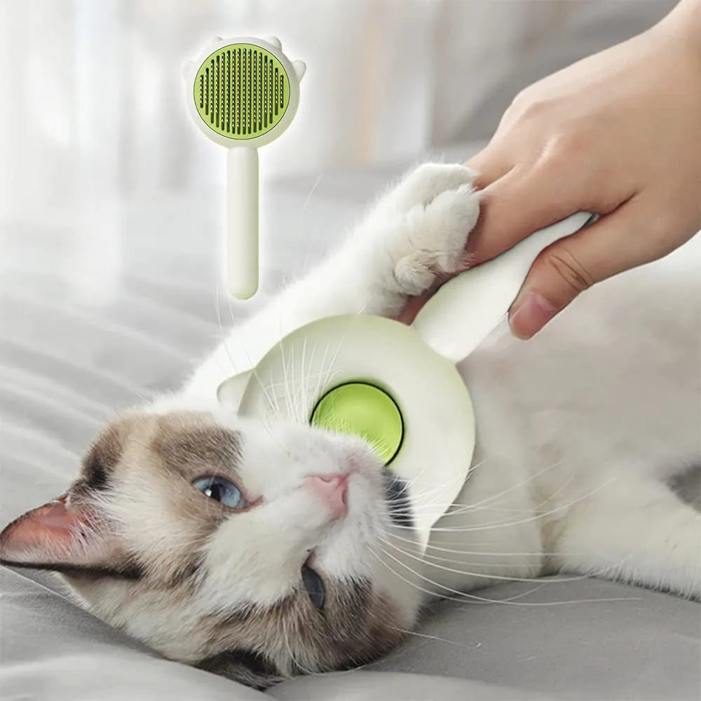 Pet hair cleaner brush with release button and curved needles for cats and dogs, round ABS handle in Green, Purple or Yellow