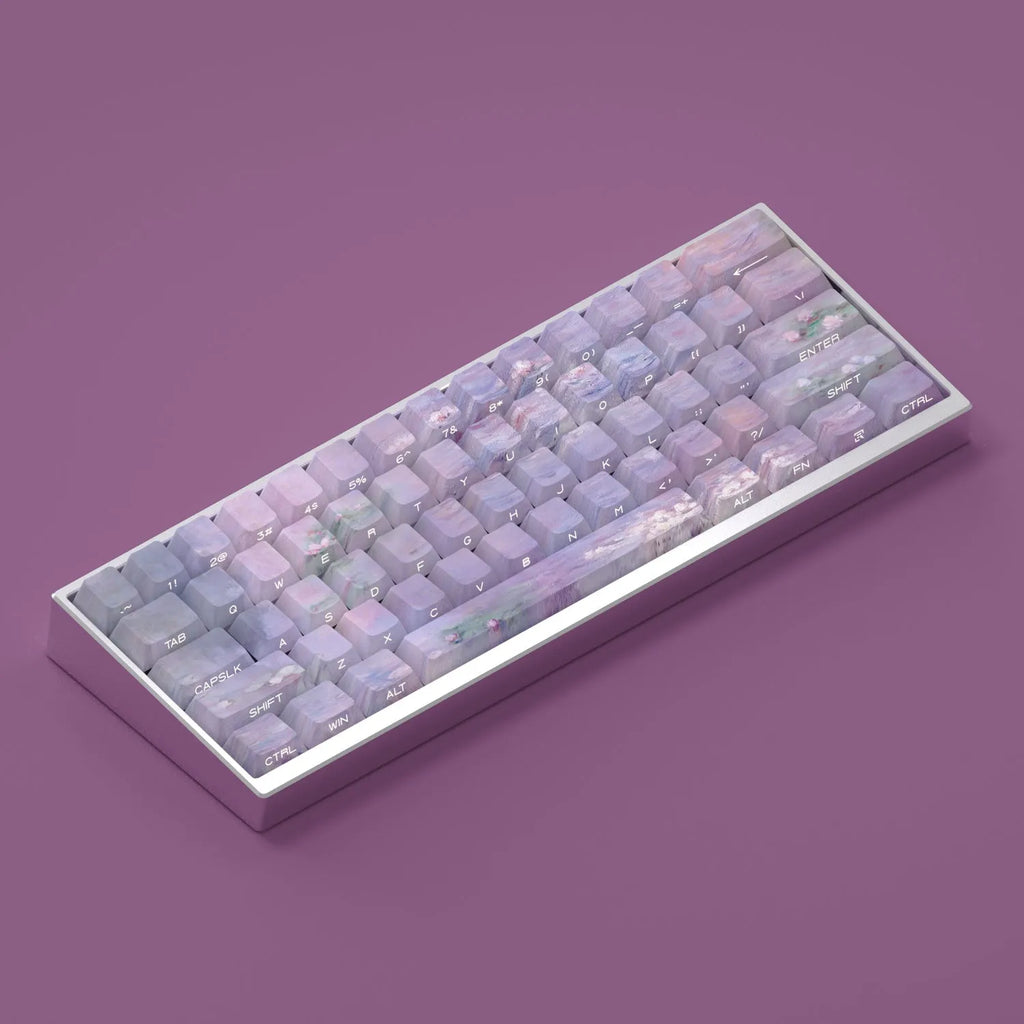 Wenshao Sleeping Lotus PBT keycap set with side-carved legends, showing 130 keys for mechanical keyboards.