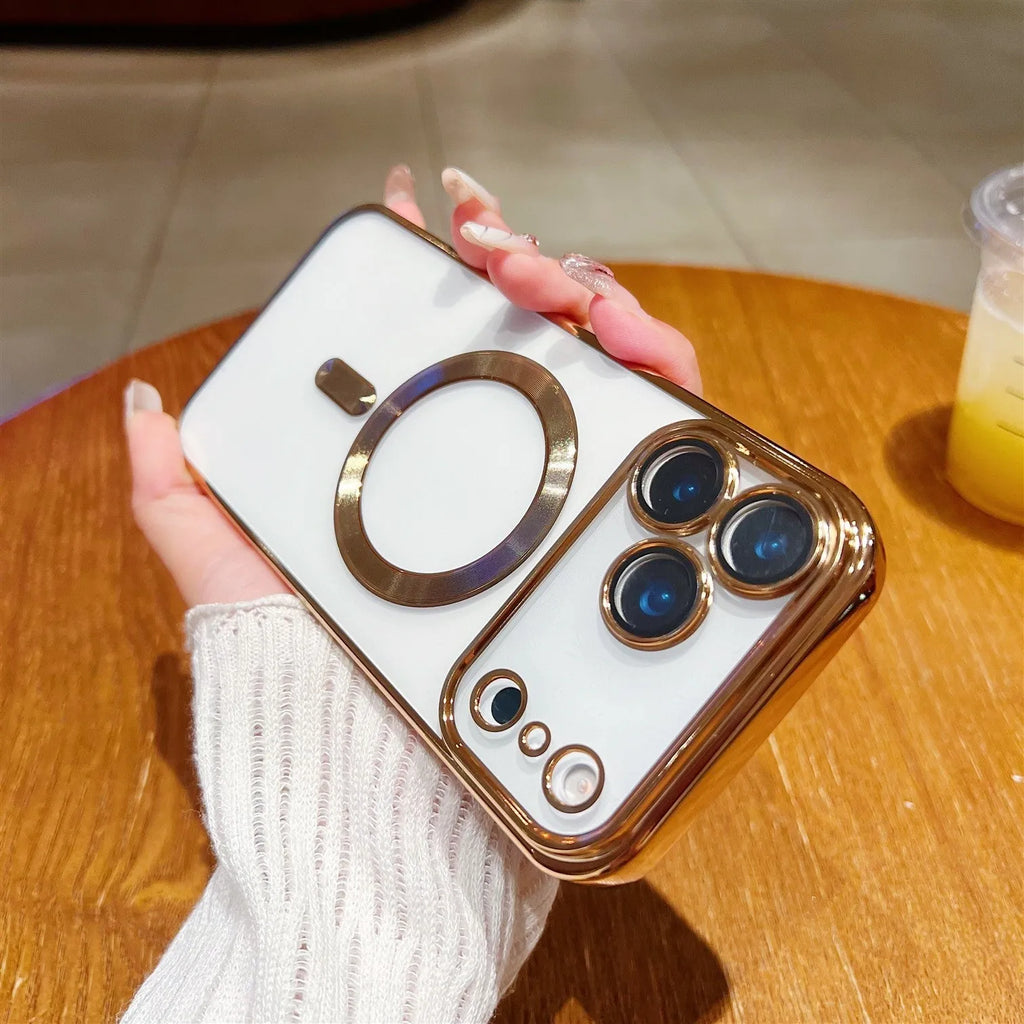 Magnetic TPU iPhone case with transparent lens protector and electroplated tail in black, dark night purple, and far peak blue.
