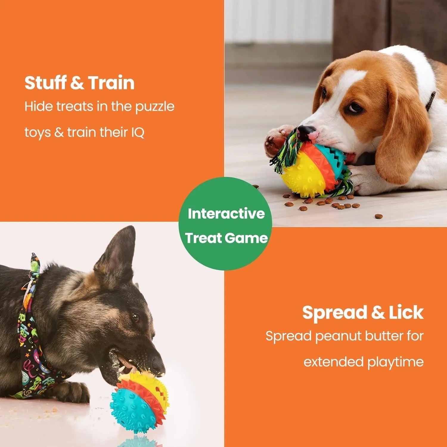 Blue and red squeaky dog chew toy with treat dispenser for aggressive chewing dogs