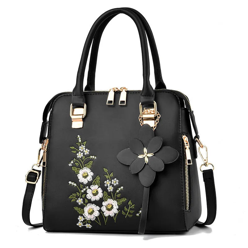 Large embroidered flower handbag for women in horizontal square shape with zipper closure and single strap