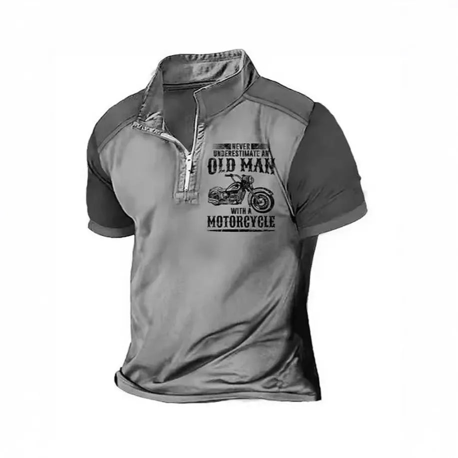 A man's short-sleeve polo shirt with a lapel collar, decorative zipper, and a digital letter print pattern.