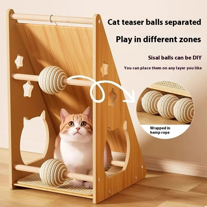 Vertical wall-mounted cat scratch board with sisal and hemp rope surface and a fixed cat teasing ball.
