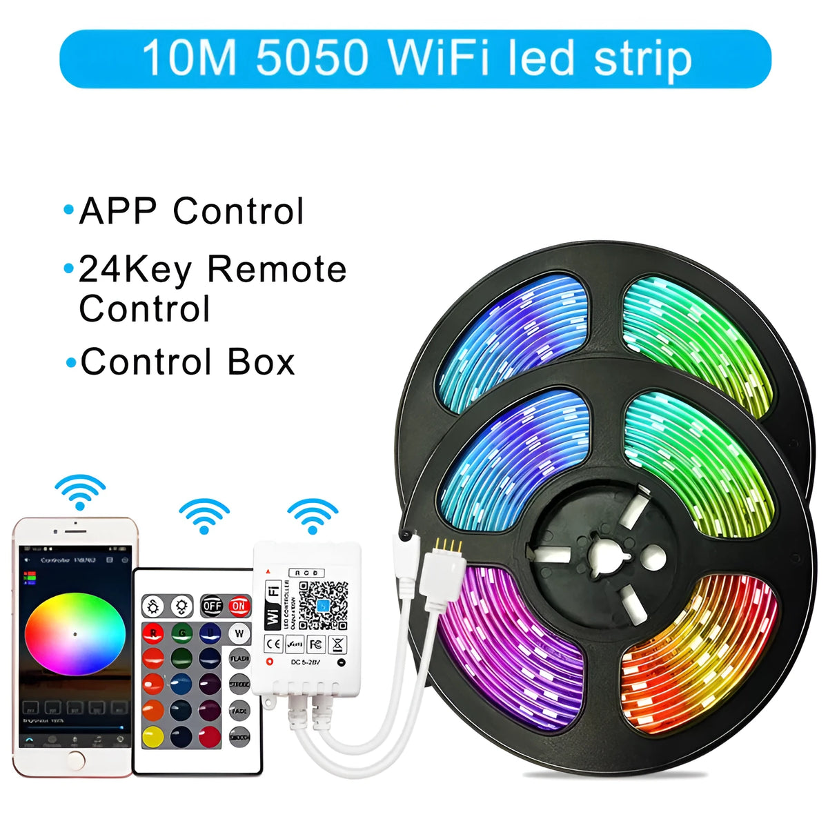 RGB LED light strip with 24-key WiFi controller, 2835 or 5050 LEDs, 5m to 20m lengths, non-waterproof