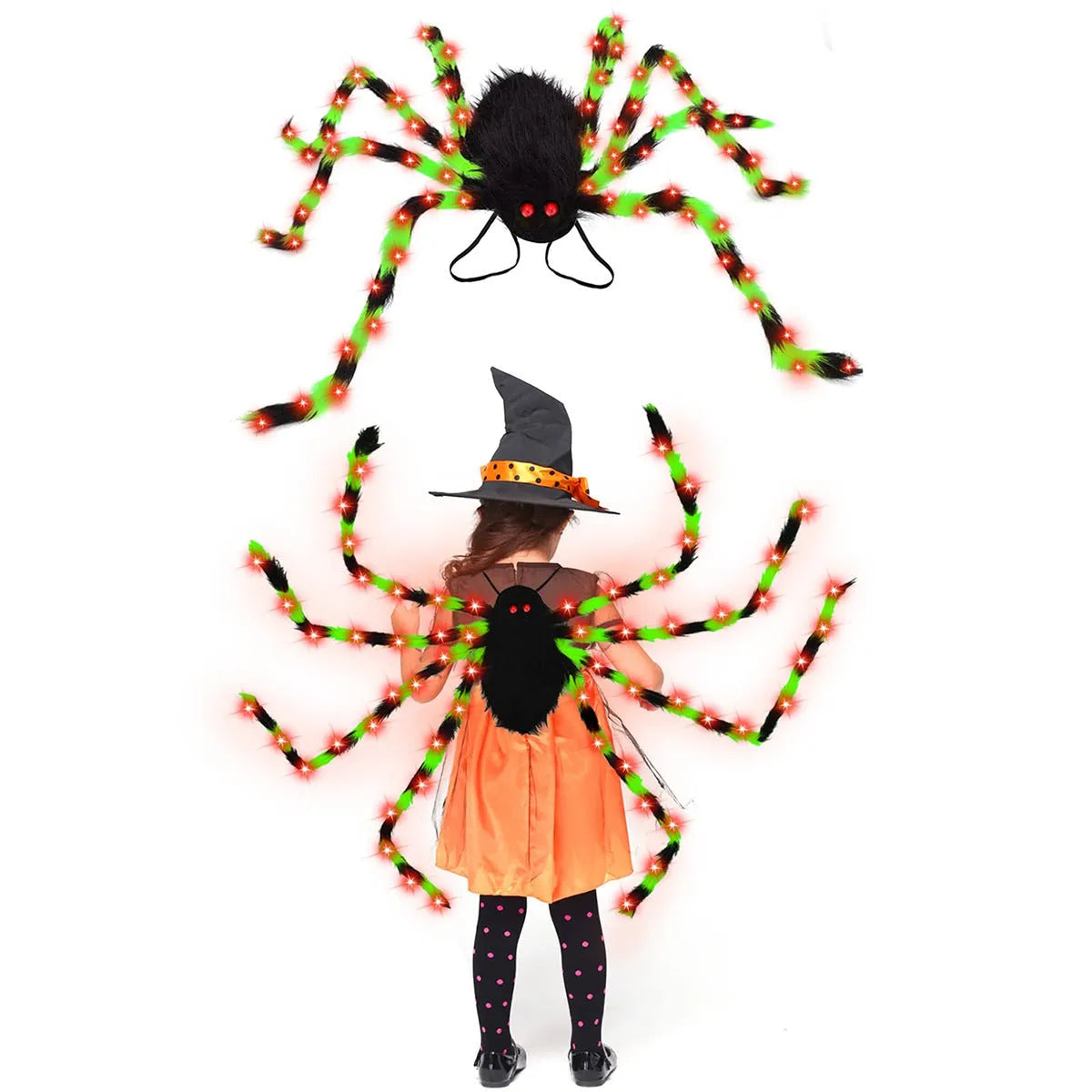 Halloween Spider Backpack with LED lights in plush sugar bag material, shown in orange and purple colour variant.