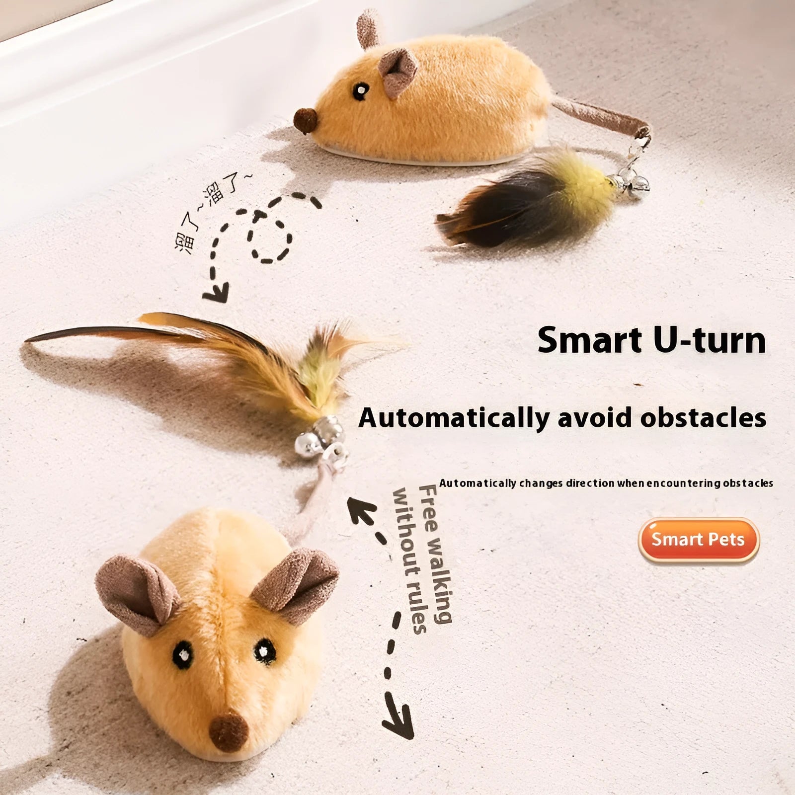 Interactive electric cat toy mouse with remote control and replaceable feather tails in grey and yellow options