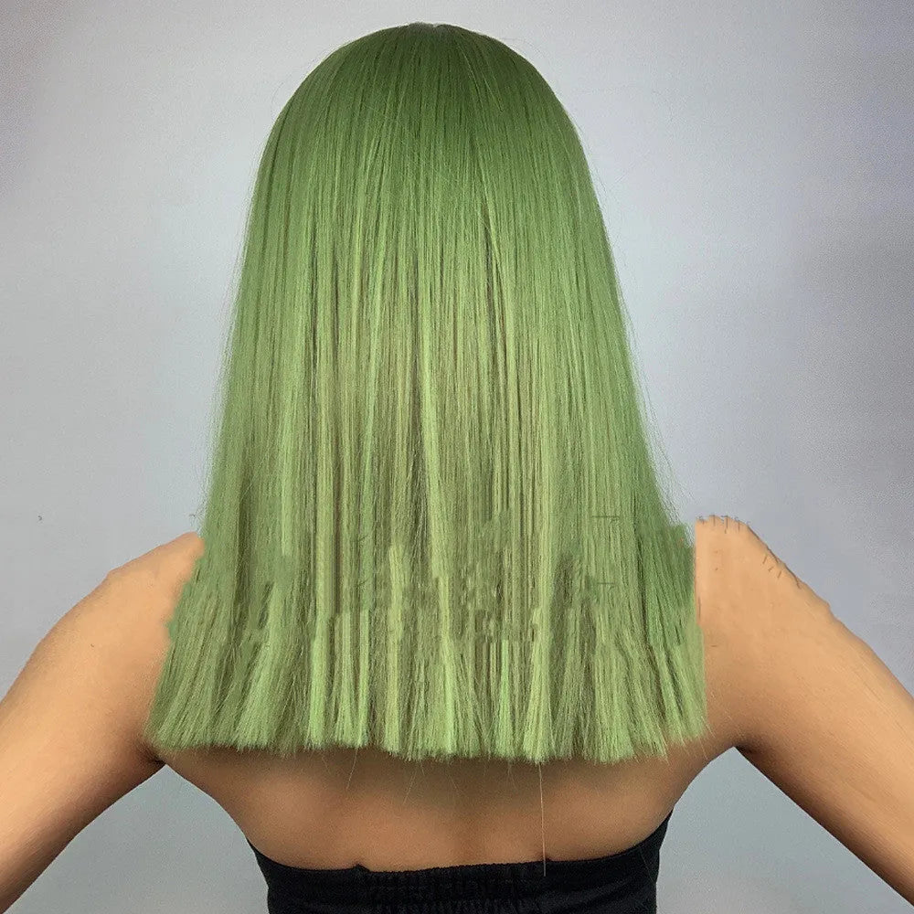 Plant green straight hair wig with bangs on a display head, Qi bangs feature, colour LC4771