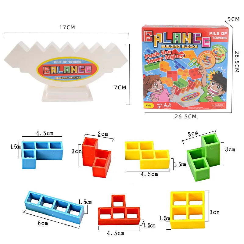 Plastic balance stacking game with coloured blocks on a tilting base, packed in a 26.5 cm box.