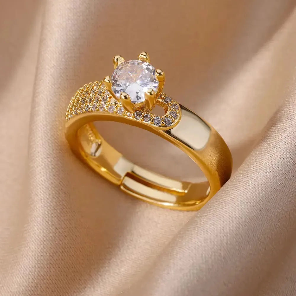 18K gold plated copper open mouth ring with synthetic zircon love emerald motif on white background