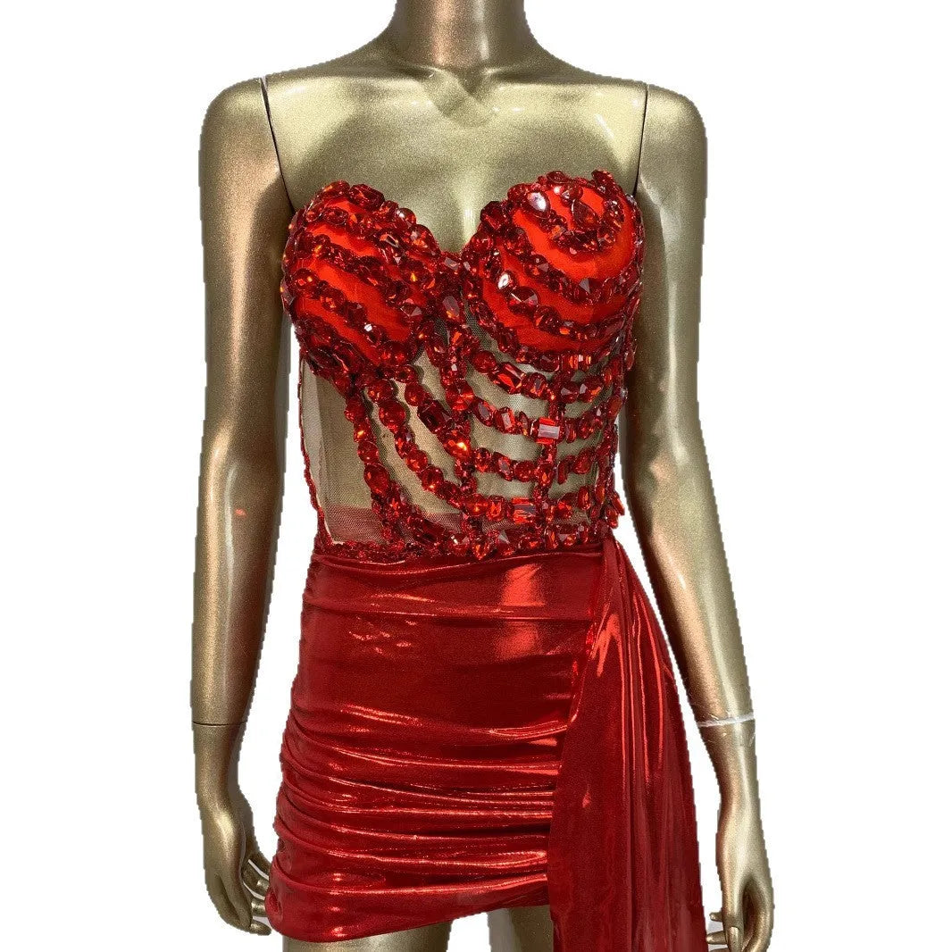 Red spandex skirt suit with hollow mesh see-through detailing for stage costumes