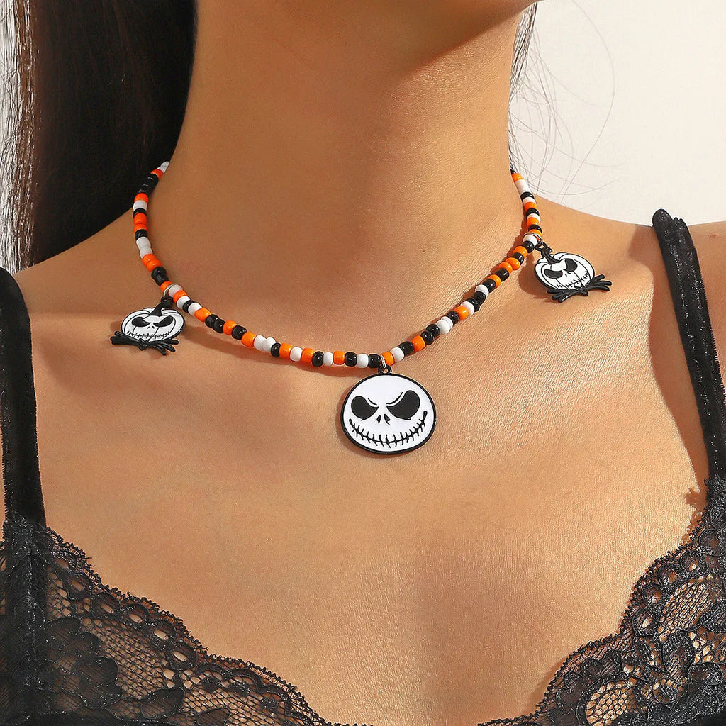 Halloween necklace with bat ghost skull pumpkin spider pendant, zinc alloy electroplated bamboo chain, multiple colour options