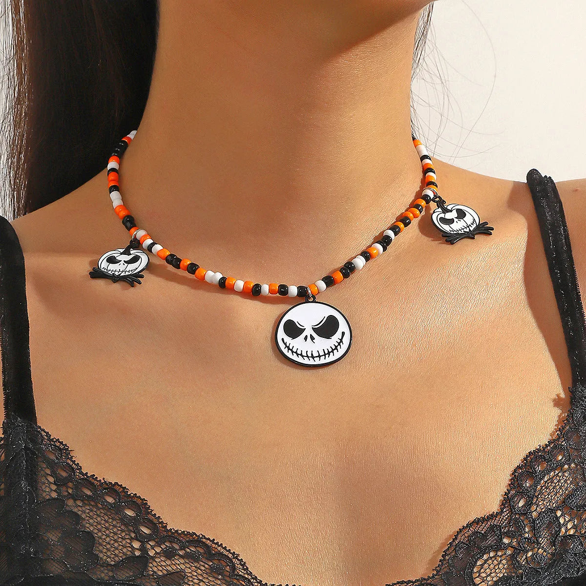 Halloween necklace with bat ghost skull pumpkin spider pendant, zinc alloy electroplated bamboo chain, multiple colour options