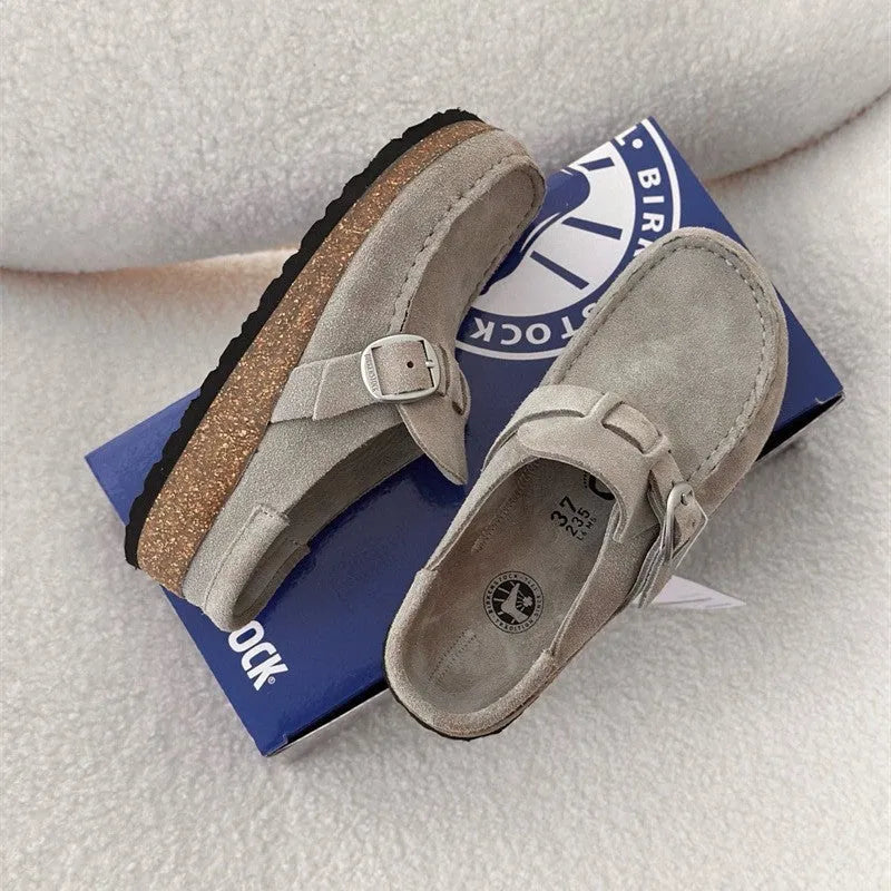 Unisex cow suede mule slippers with cork sole and toe cap in sand gray colour, side view