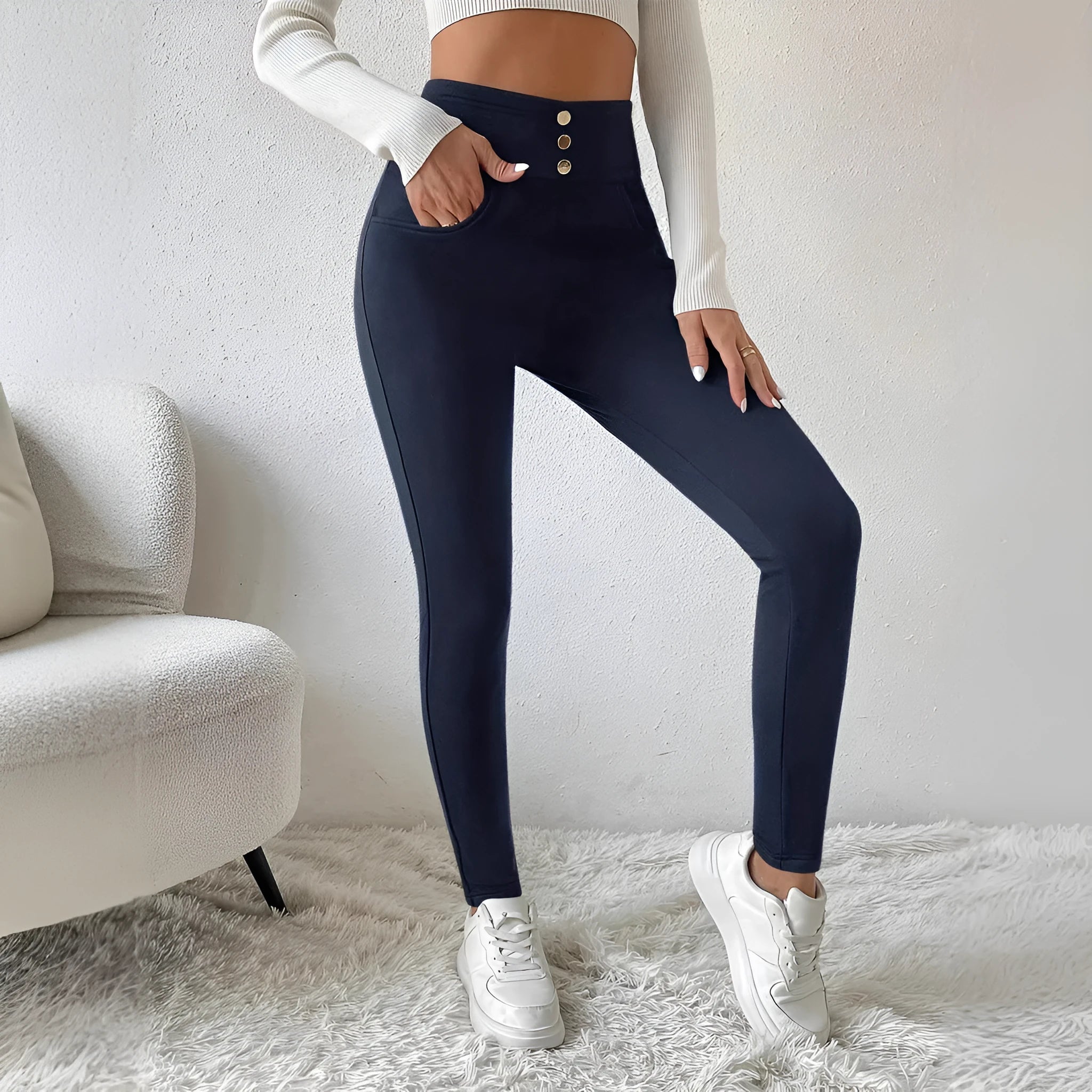 Women's navy blue high waist straight leg casual trousers on hanger