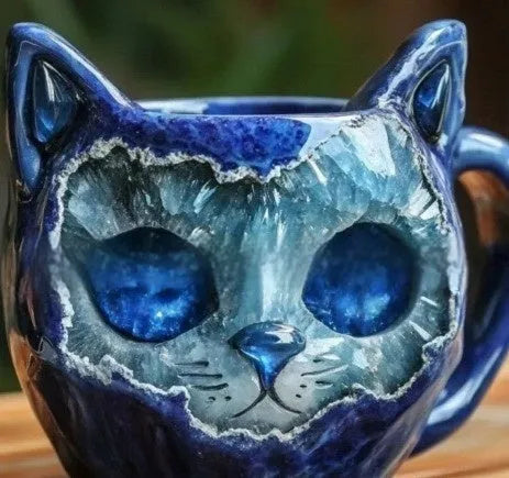 Purple geode mug with crystal cat design and colourful resin interior on a wooden surface.
