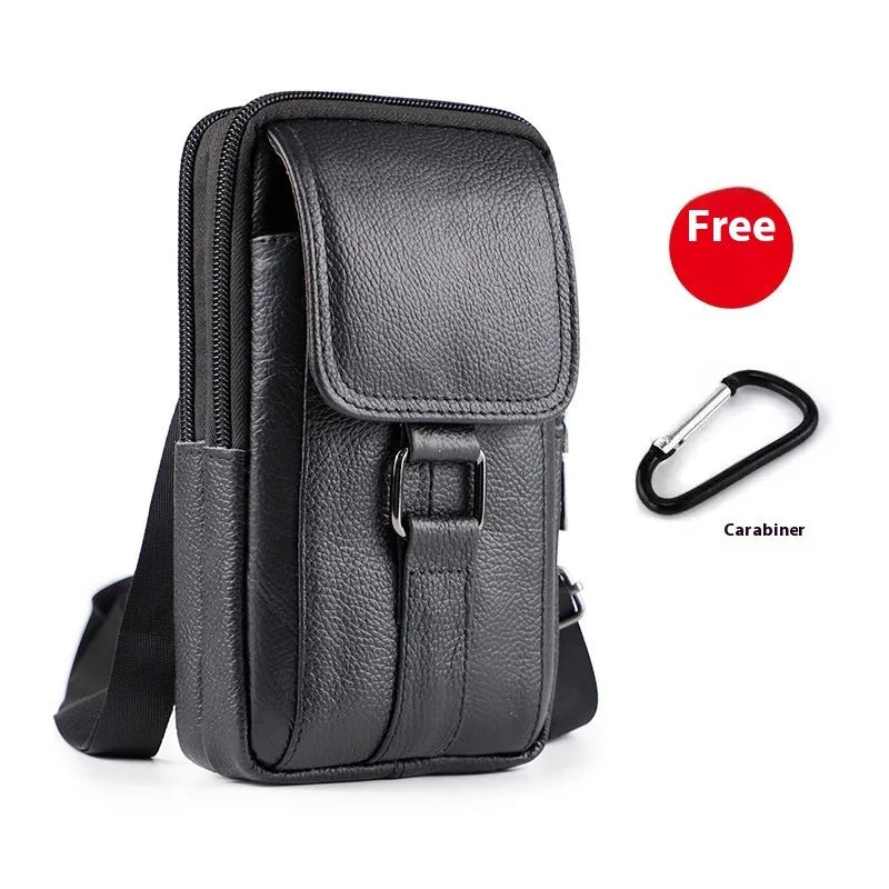 Men's black genuine leather crossbody waist bag with a lock closure, shown in a vertical square shape.