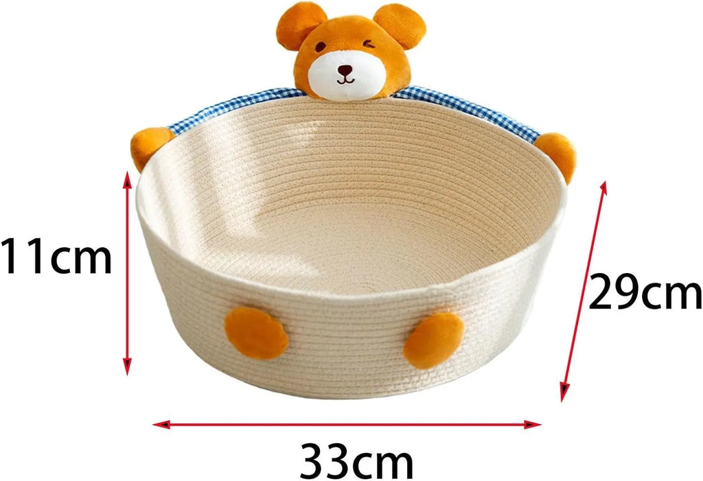 Woven cotton rope cat bed basket with integrated scratch pad, shown in three sizes.