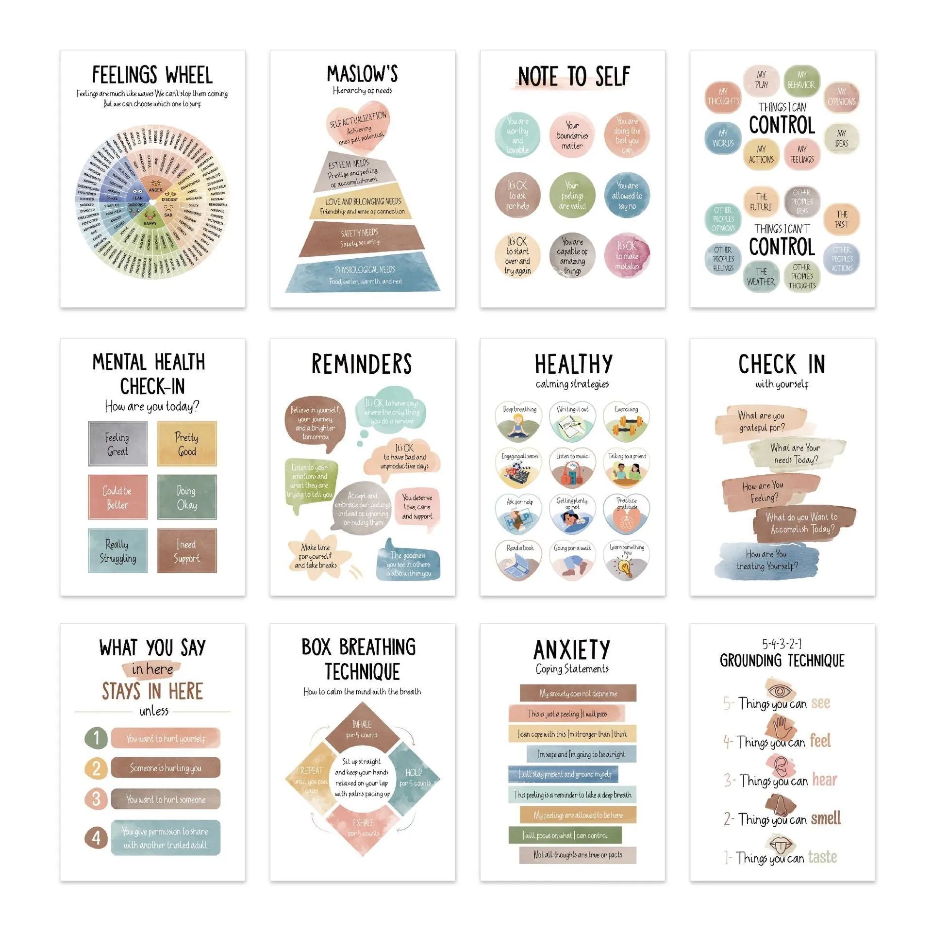 Set of 12 mental health posters on coated paper with bright film finish, 255x355mm each, including glue dots