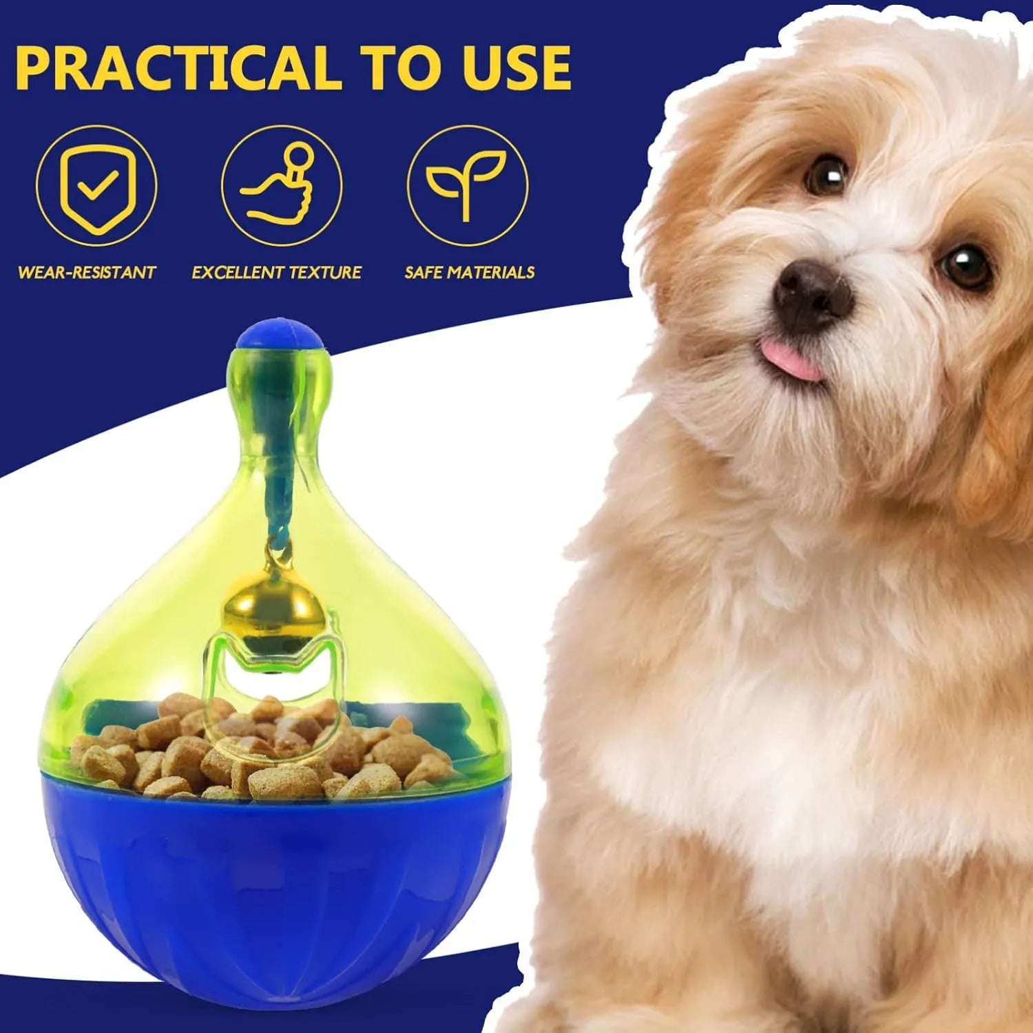 Blue plastic tumbler-shaped pet treat dispenser ball for dogs and cats.