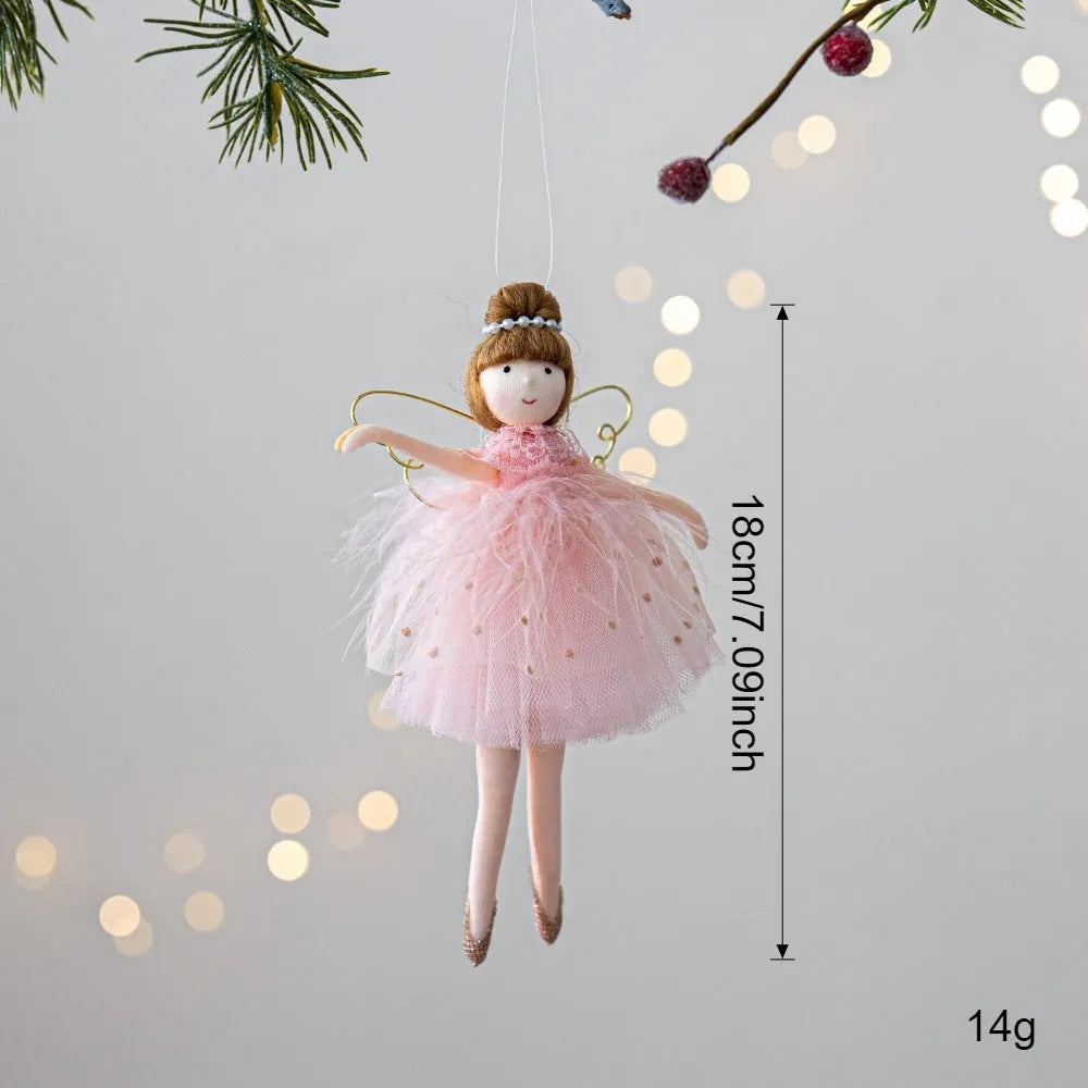 Pink cloth ballet girl plush doll with angel wings and pendant design on white background