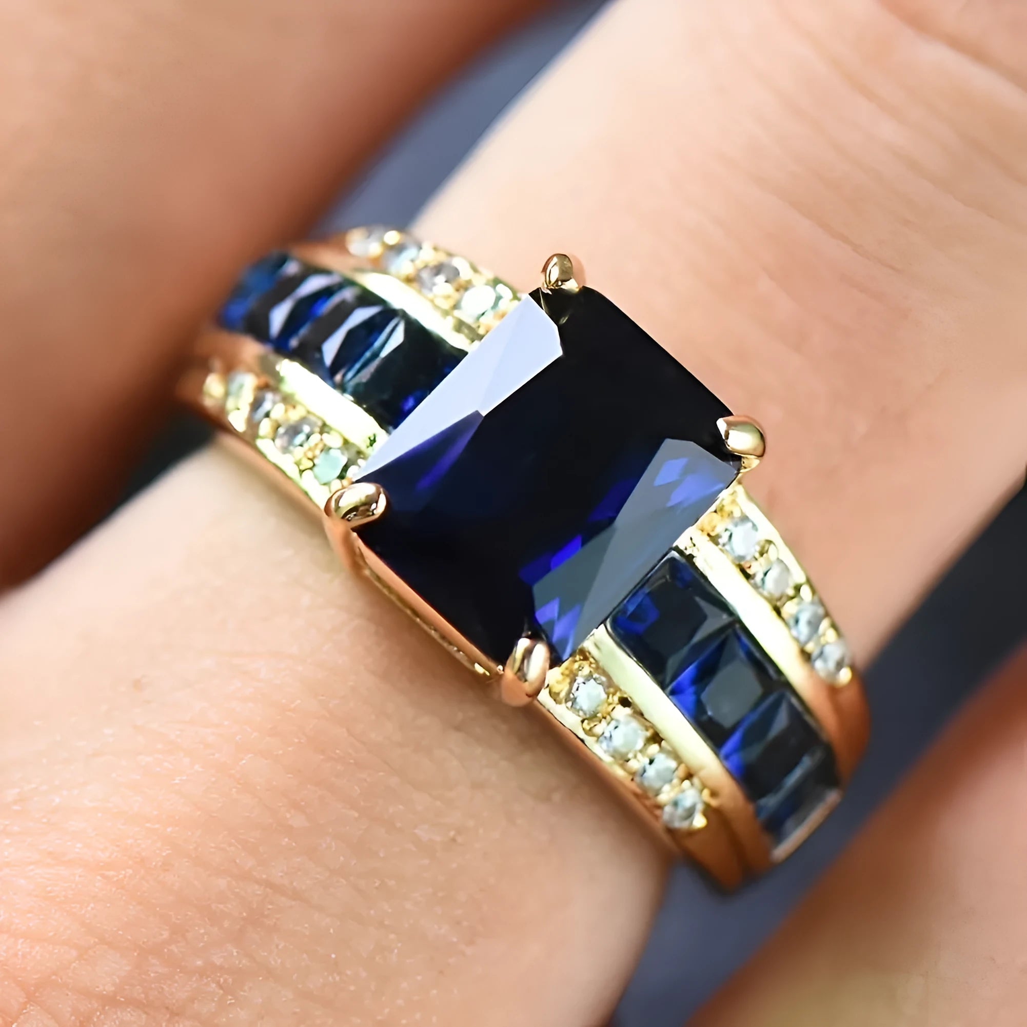 Personalised zinc alloy ring with cubic zirconia stones in sunflower blue, square blue, or square purple designs