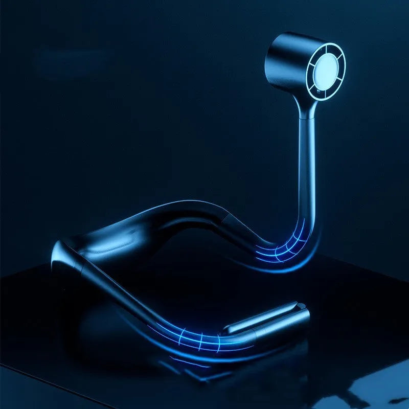Portable USB hanging neck fan with light, white and black options, bladeless design