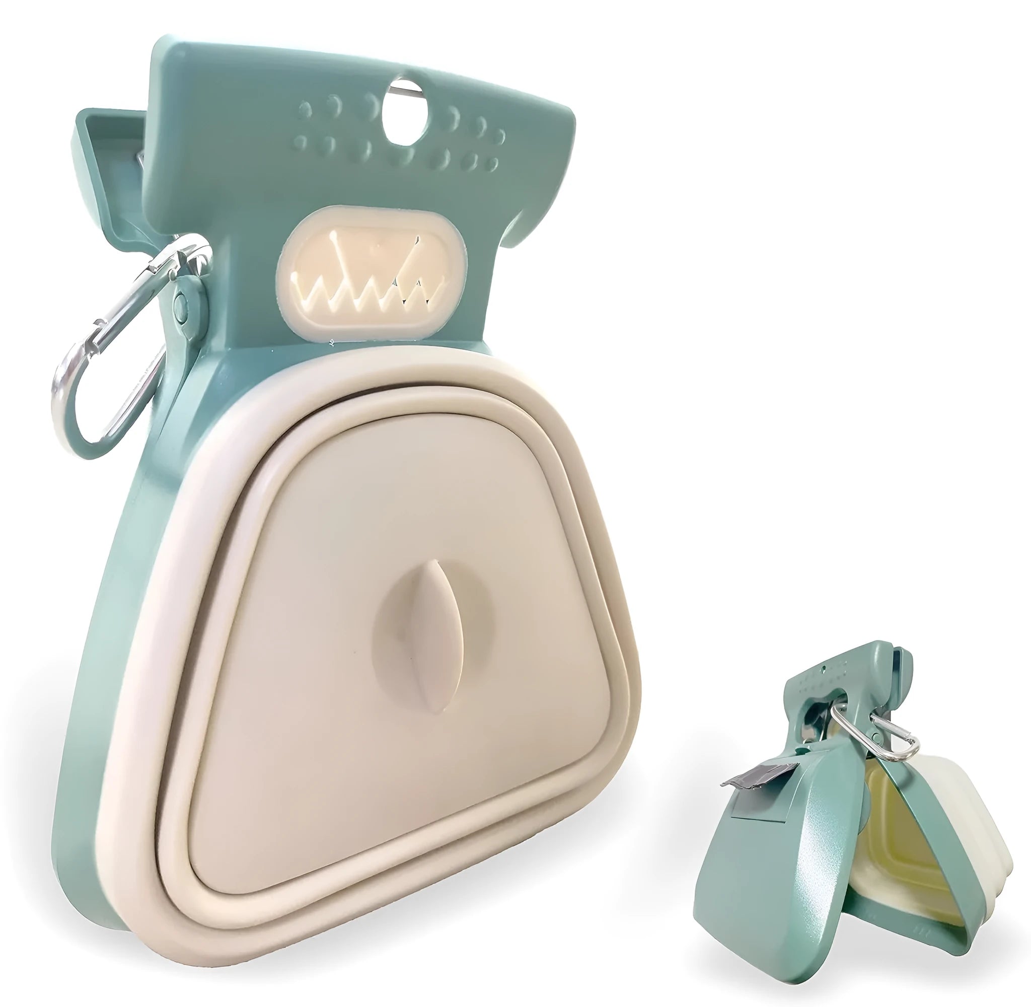 Blue handheld dog pooper scooper with clip and built-in waste bag compartment