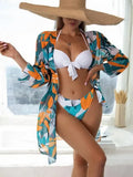 Women's three-piece mesh bikini swimsuit set with a cover-up coat in quick-dry polyester.