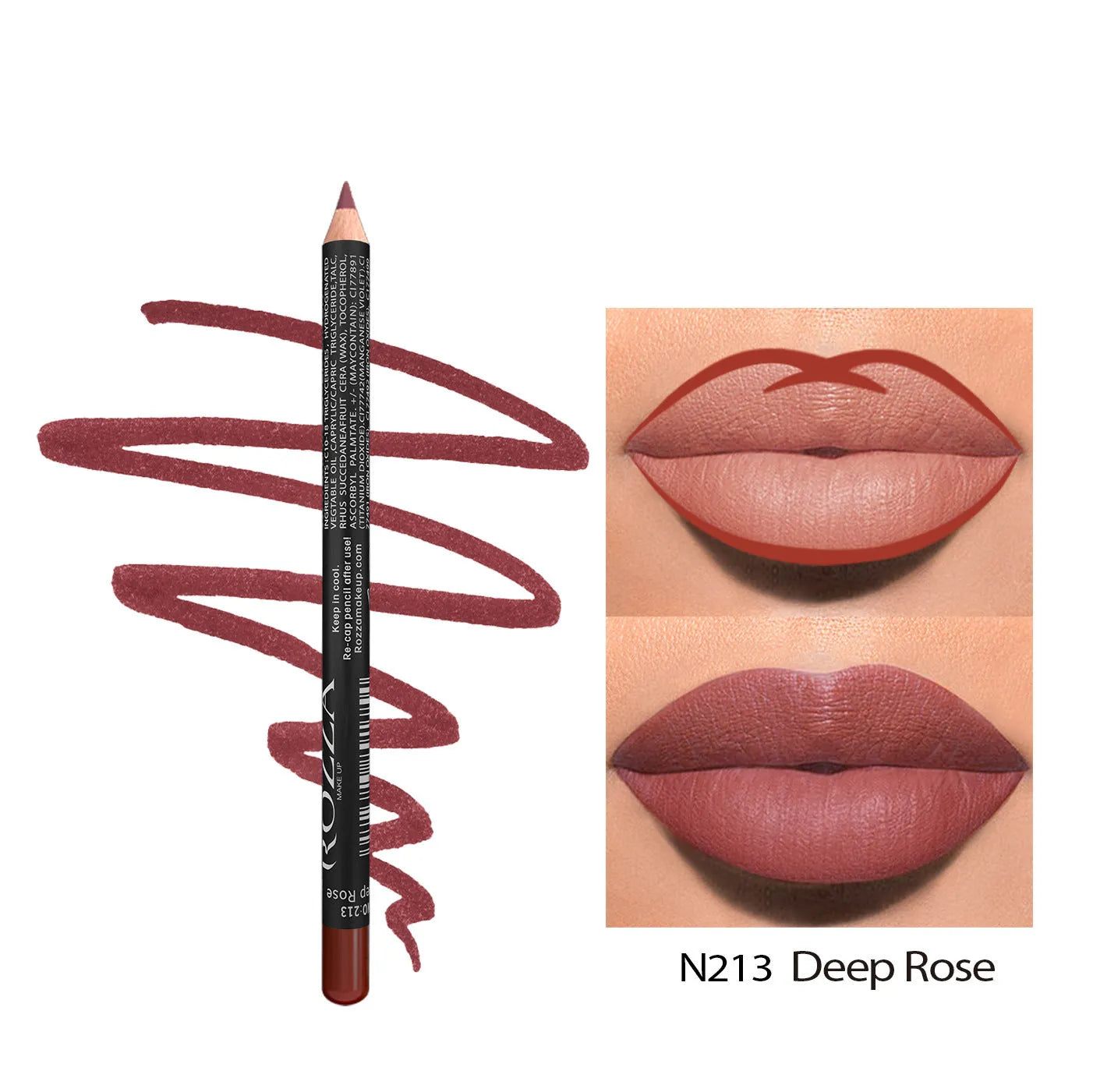 Matte finish lip liner pencil in wooden tone showing waterproof 24-hour formula