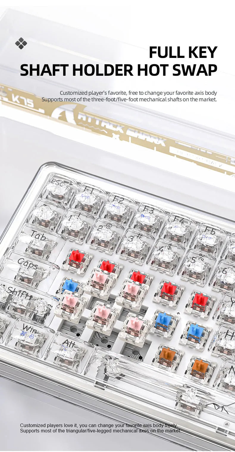Attack Shark K75 RGB wireless mechanical keyboard with transparent black case showing RGB lighting and compact 75% layout