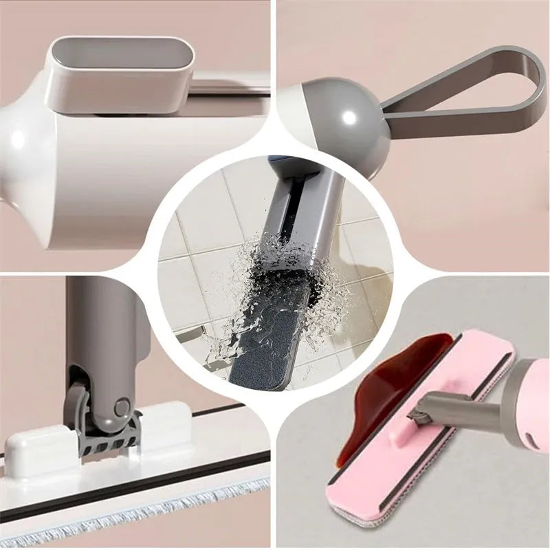 Self-squeeze mini flat mop with microfiber pads and crevice brush in pink, grey or white