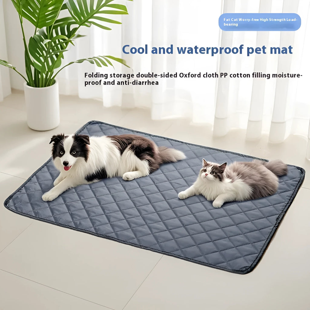 Waterproof Oxford pet mat for dogs and cats in grey or apricot, available in seven sizes