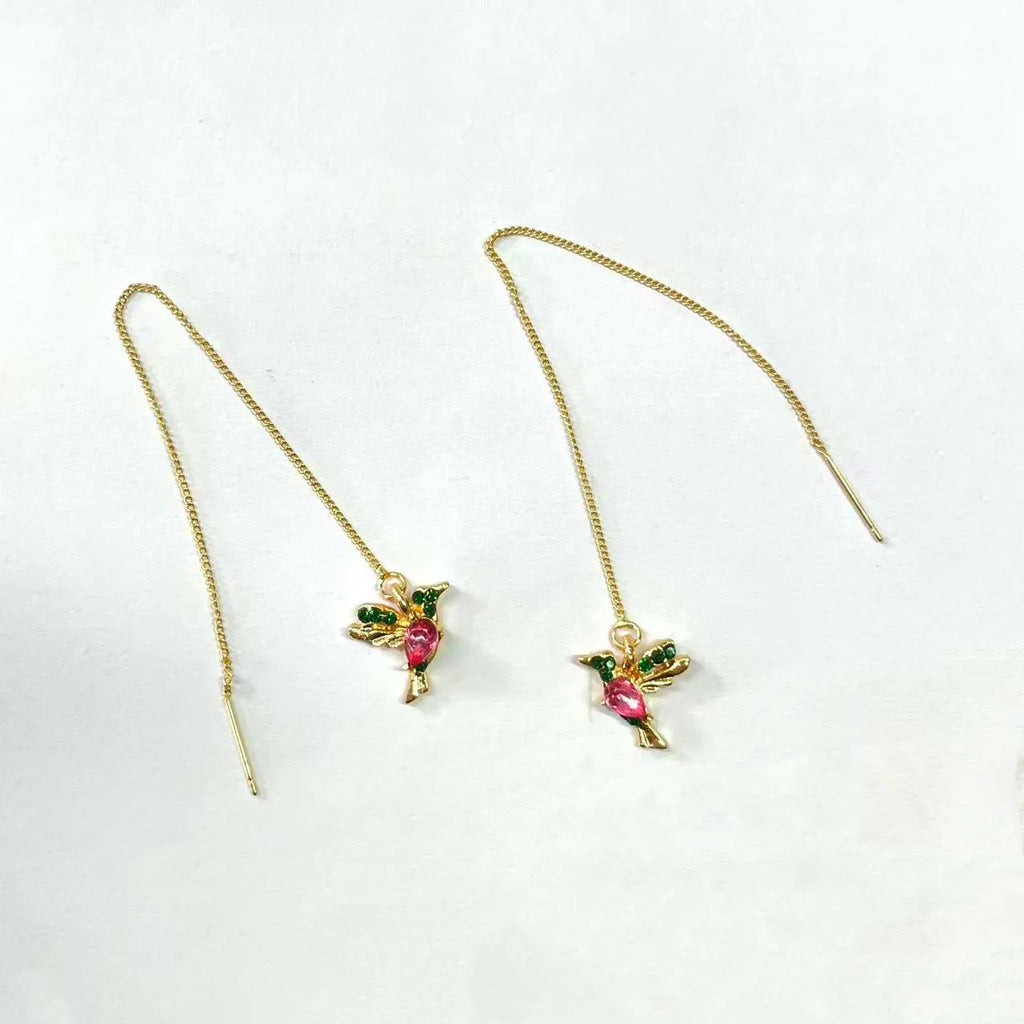 Bird hanging long earrings with electroplated zirconium wings in red, blue and red lvzuan colours