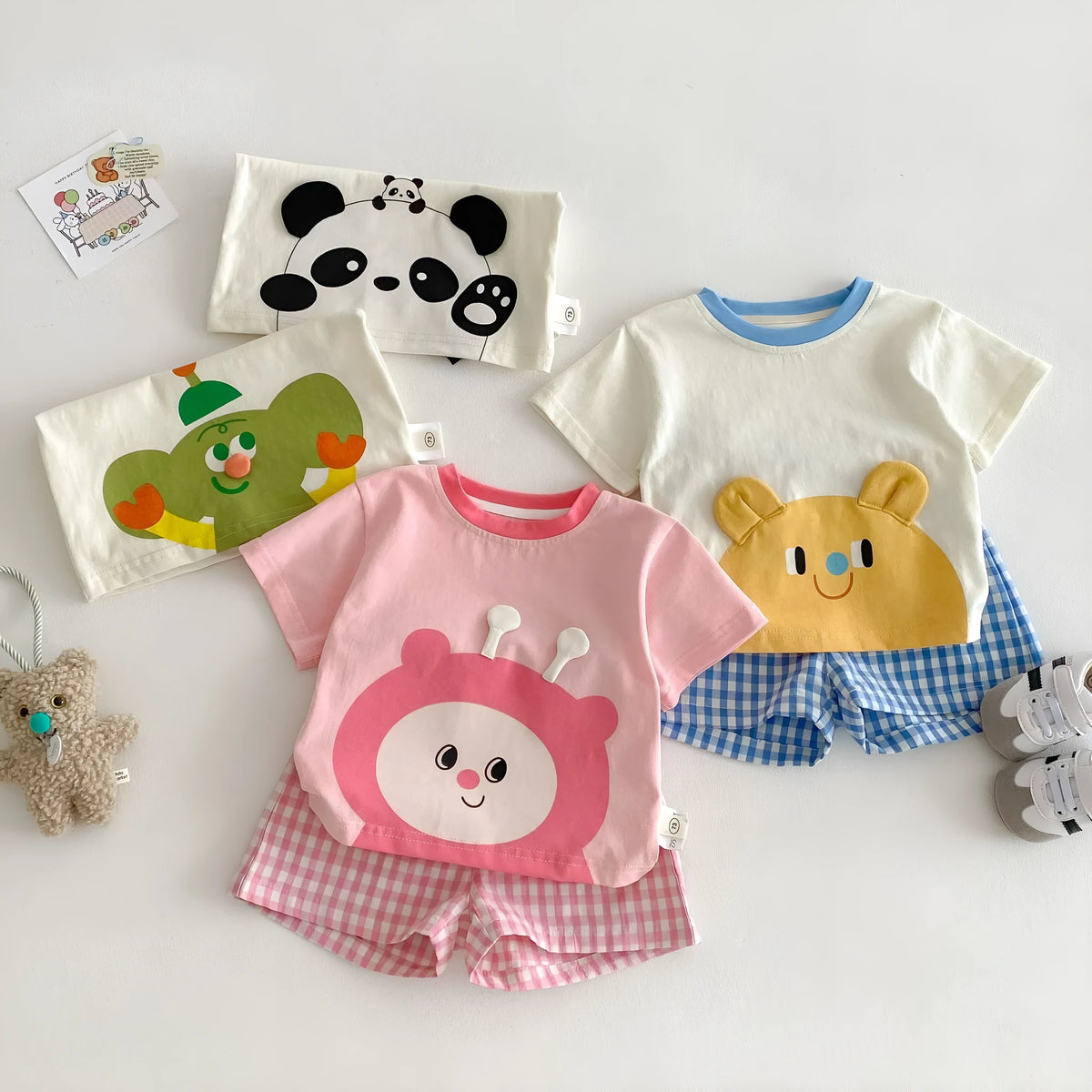 Girls' cotton short sleeve T-shirt and plaid shorts two-piece set in sea blue, peach, Black Panda or avocado green