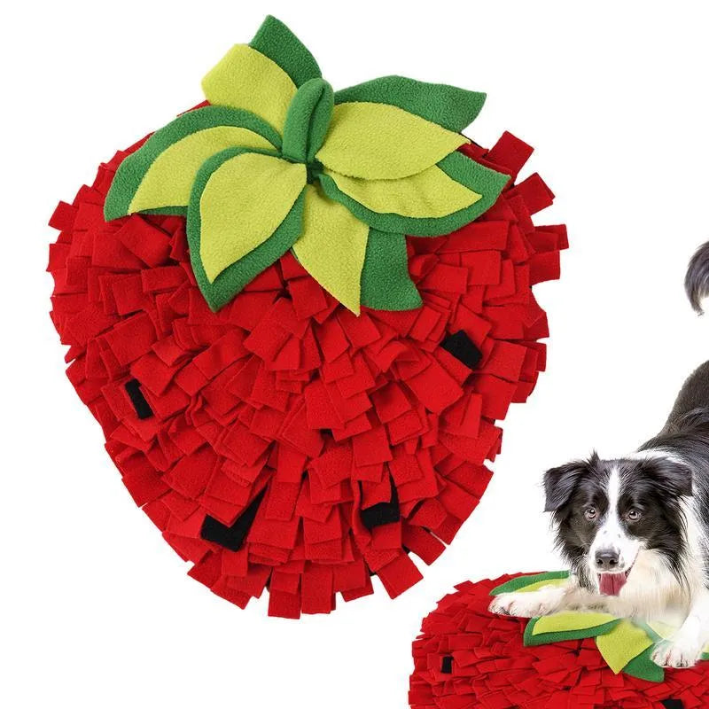 Red strawberry-shaped snuffle mat for dogs and cats as a slow feeder foraging toy.