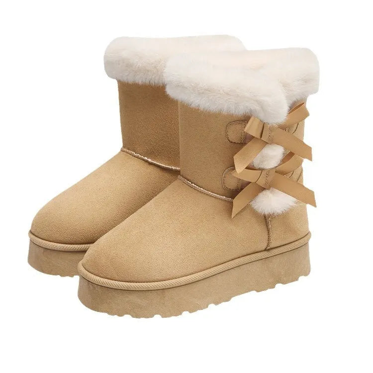 Women's bow retro fleece lined thickened ankle boots in suede with flat heel black beige brown