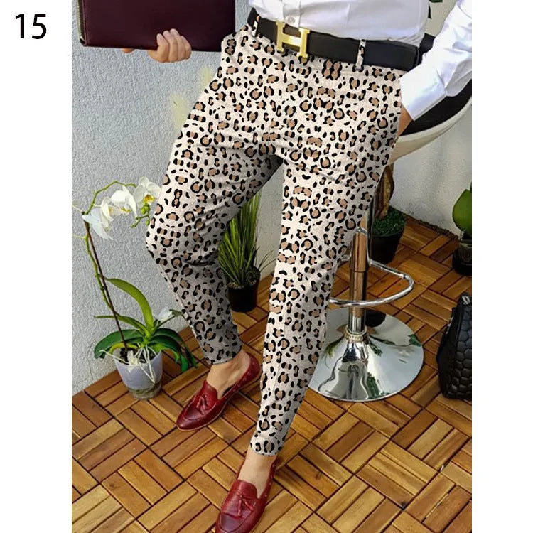 Men's straight-leg casual trousers with 3D printed plaid pattern in polyester blend fabric