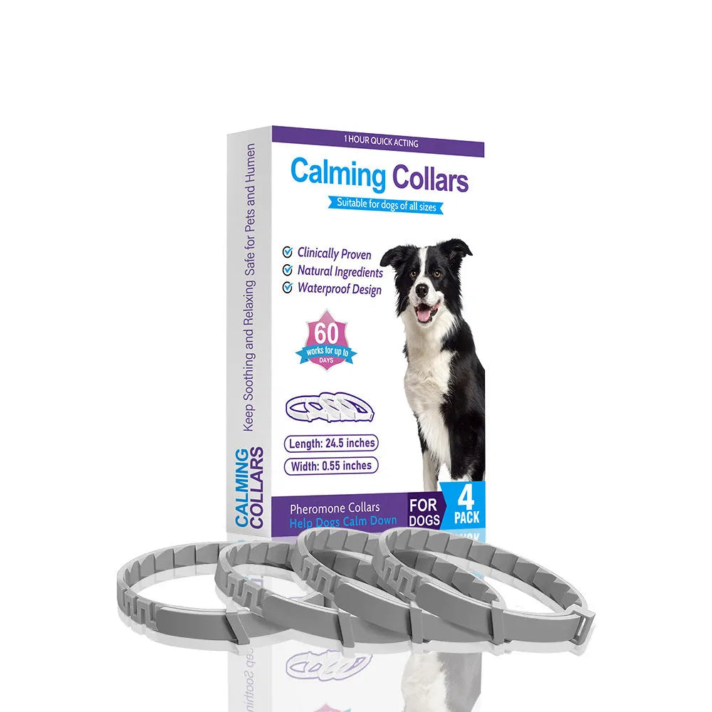 Four monochrome dog calming collars in assorted colours, adjustable up to 62cm for anxiety relief.