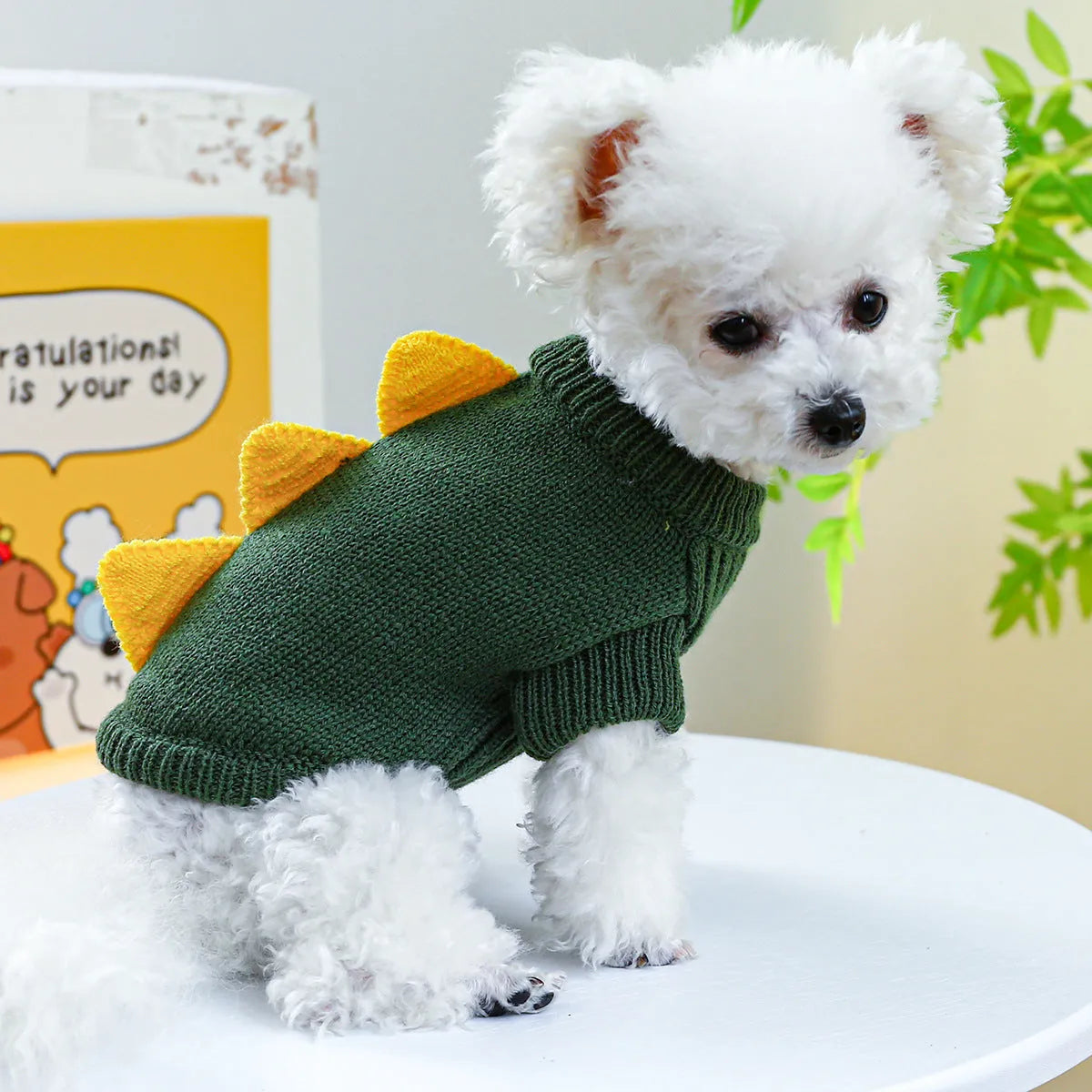 Green and yellow polyester dinosaur dog sweater for small to large dogs, sizes XS to XL