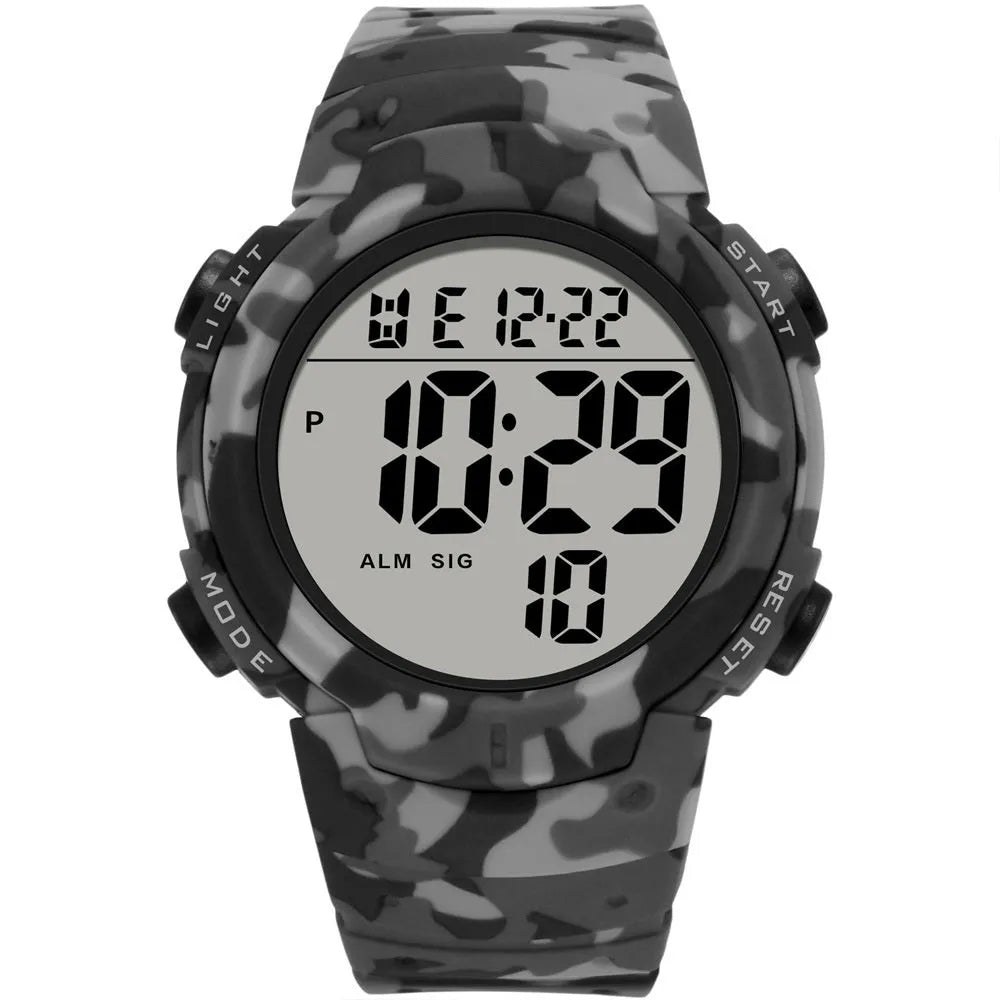 Multi-functional waterproof sports electronic watch with plastic band and stainless steel buckle on wrist