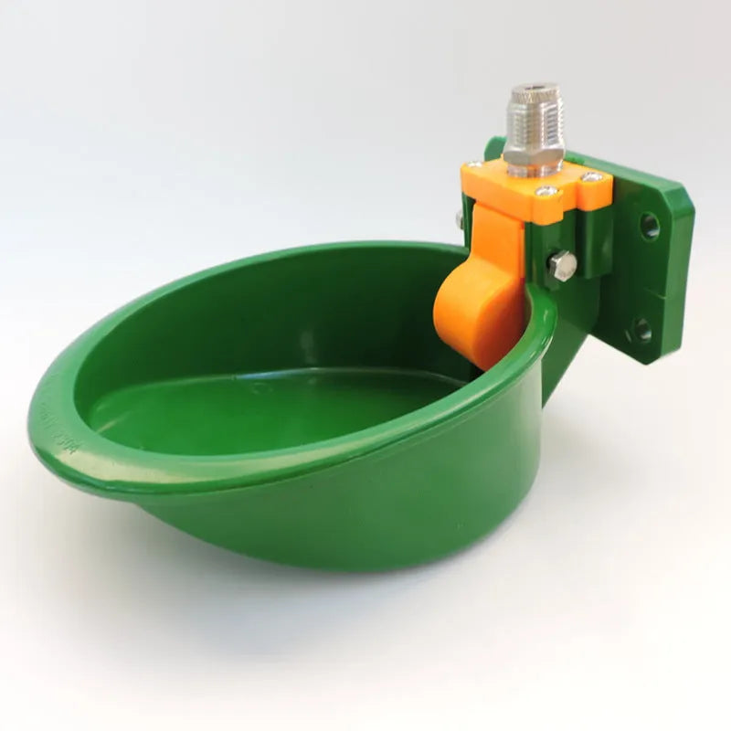 Green plastic livestock drinking bowl with water nozzle for sheep and pigs