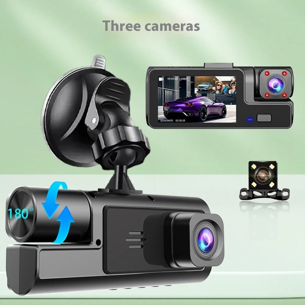 Black WiFi-enabled car dash cam with a 2-inch LCD screen mounted on a windscreen, showing a live video feed.