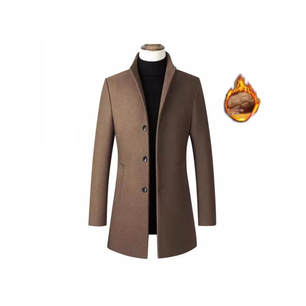 Men's single-breasted stand collar cotton padded wool blend winter trench coat in grey