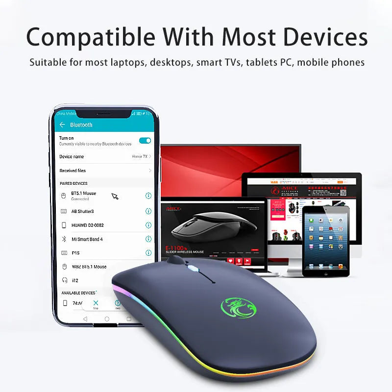 White luminous wireless mouse with glowing blue scroll wheel on a wooden desk