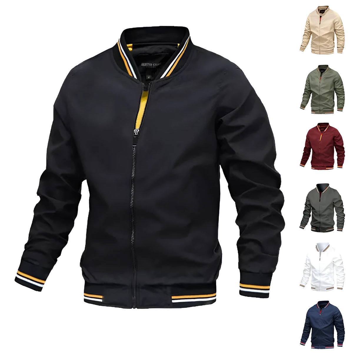Men's striped zip-up jacket with pockets in Army Green, polyester and nylon, casual sports outerwear