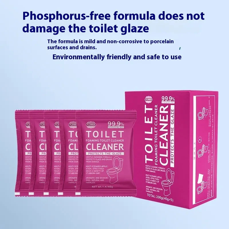 Box and bag of effervescent toilet cleaning powder in blue ocean and pink floral fragrances.