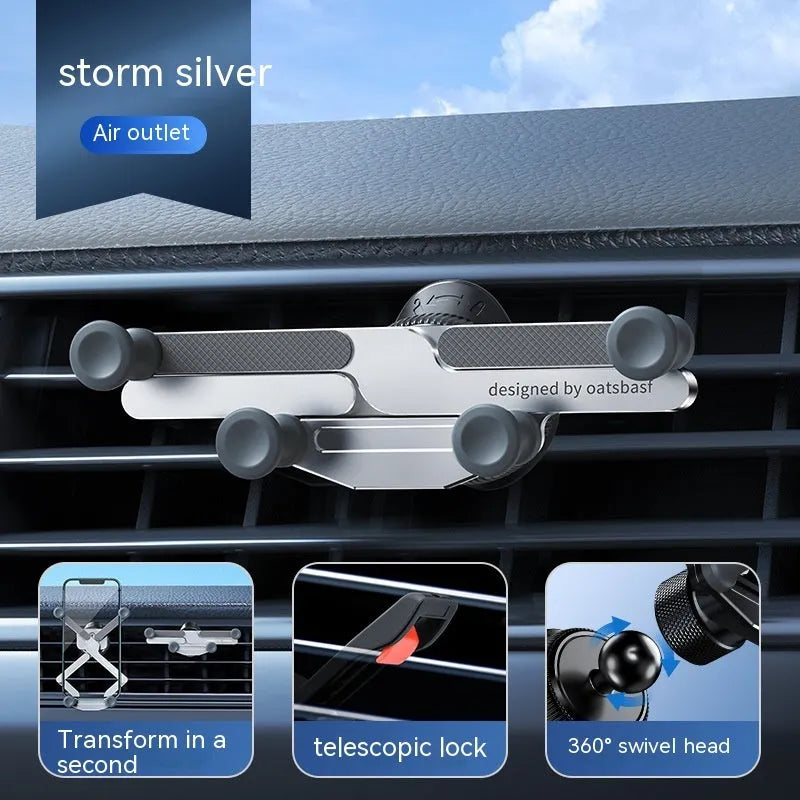 An invisible aluminium alloy phone holder for car air vents, shown in black.