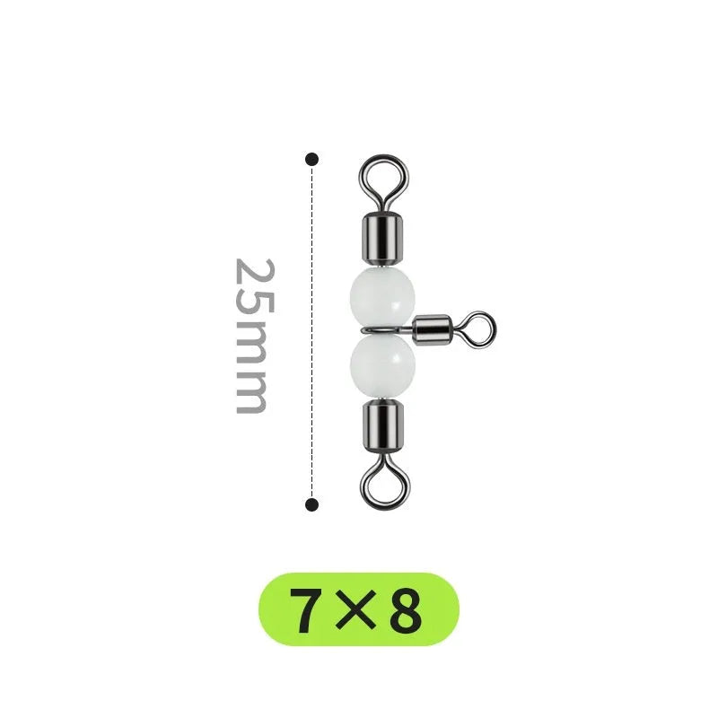 Copper three-fork luminous swivel fishing beads with T-type balance fork ring for 8-rig terminal tackle construction.