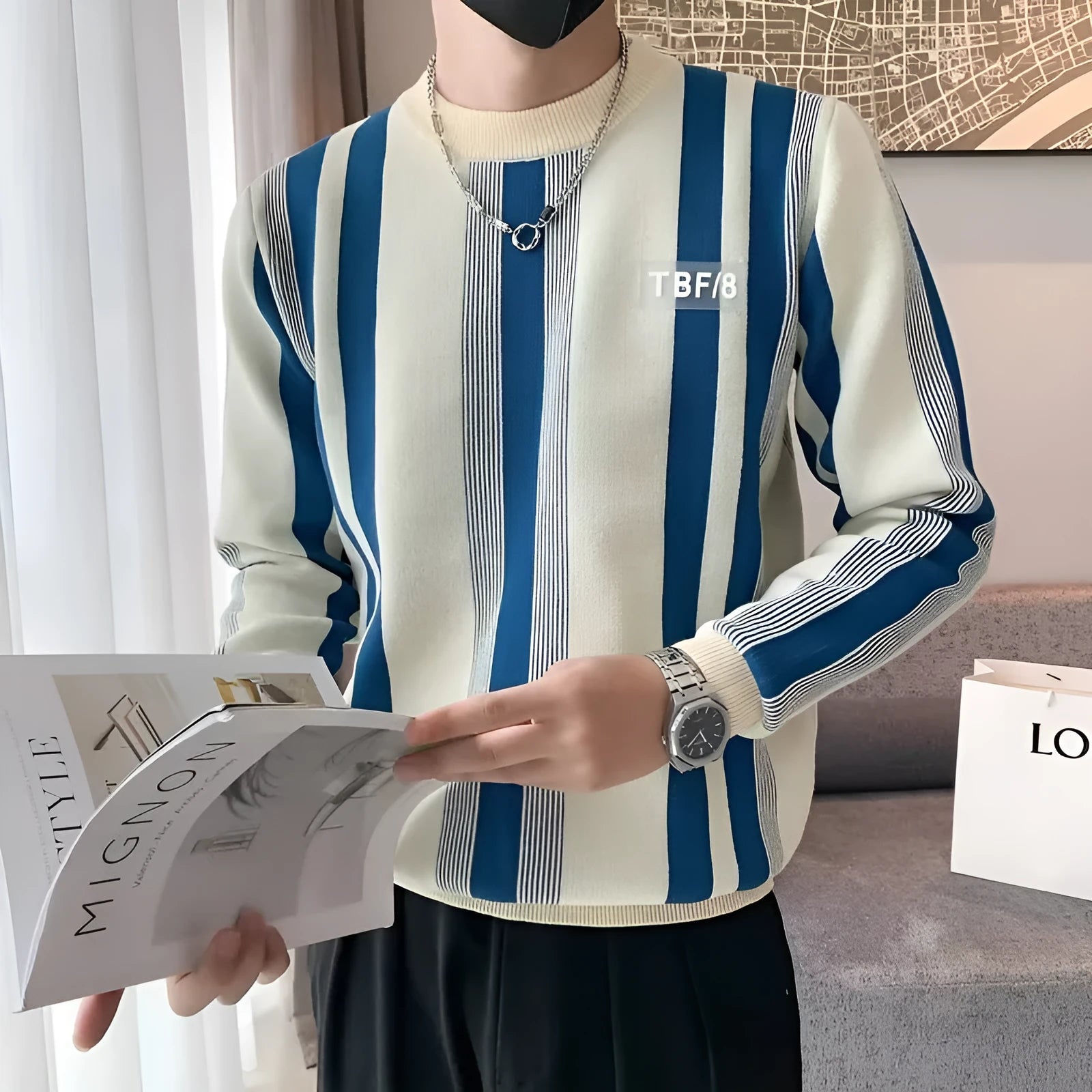 Blue and white contrast stripe loose fit pullover sweater with long sleeves, polyester blend fabric, sizes M to XXXL