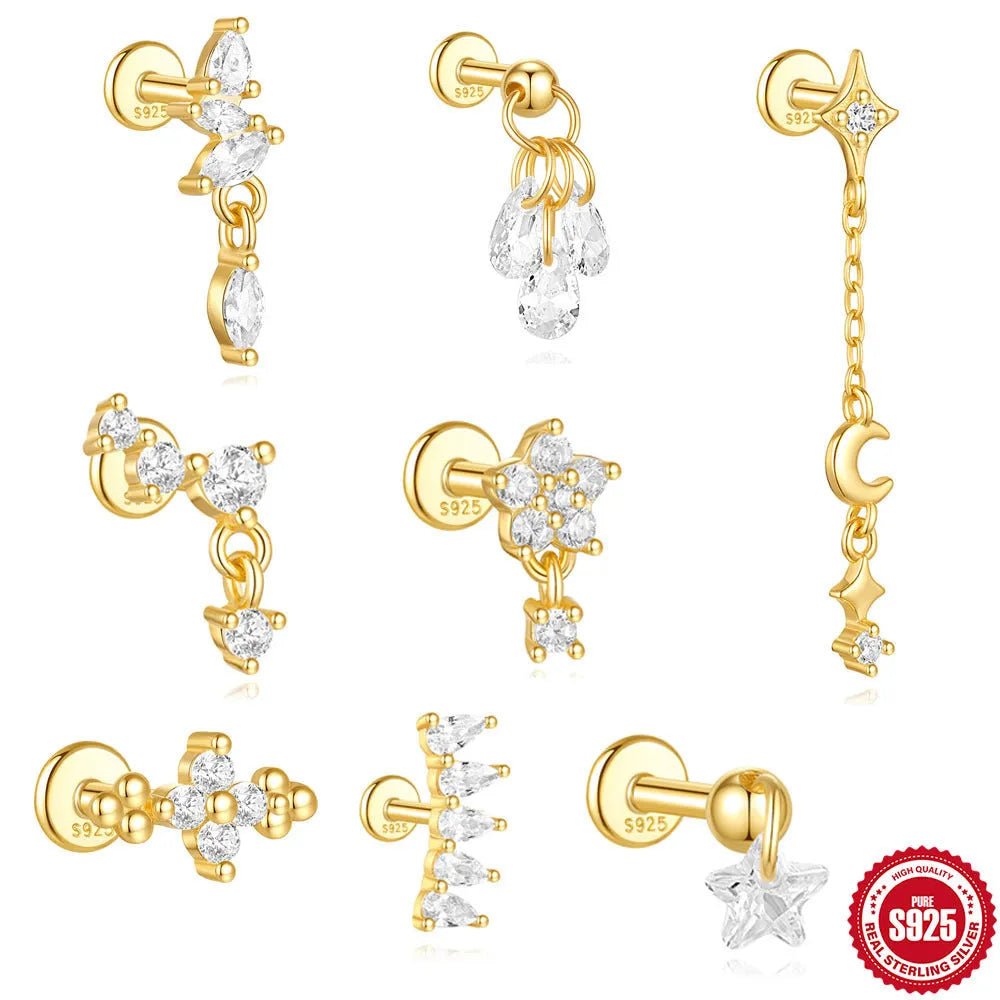 S925 sterling silver geometric moon earring with embedded star design in a gold colour.